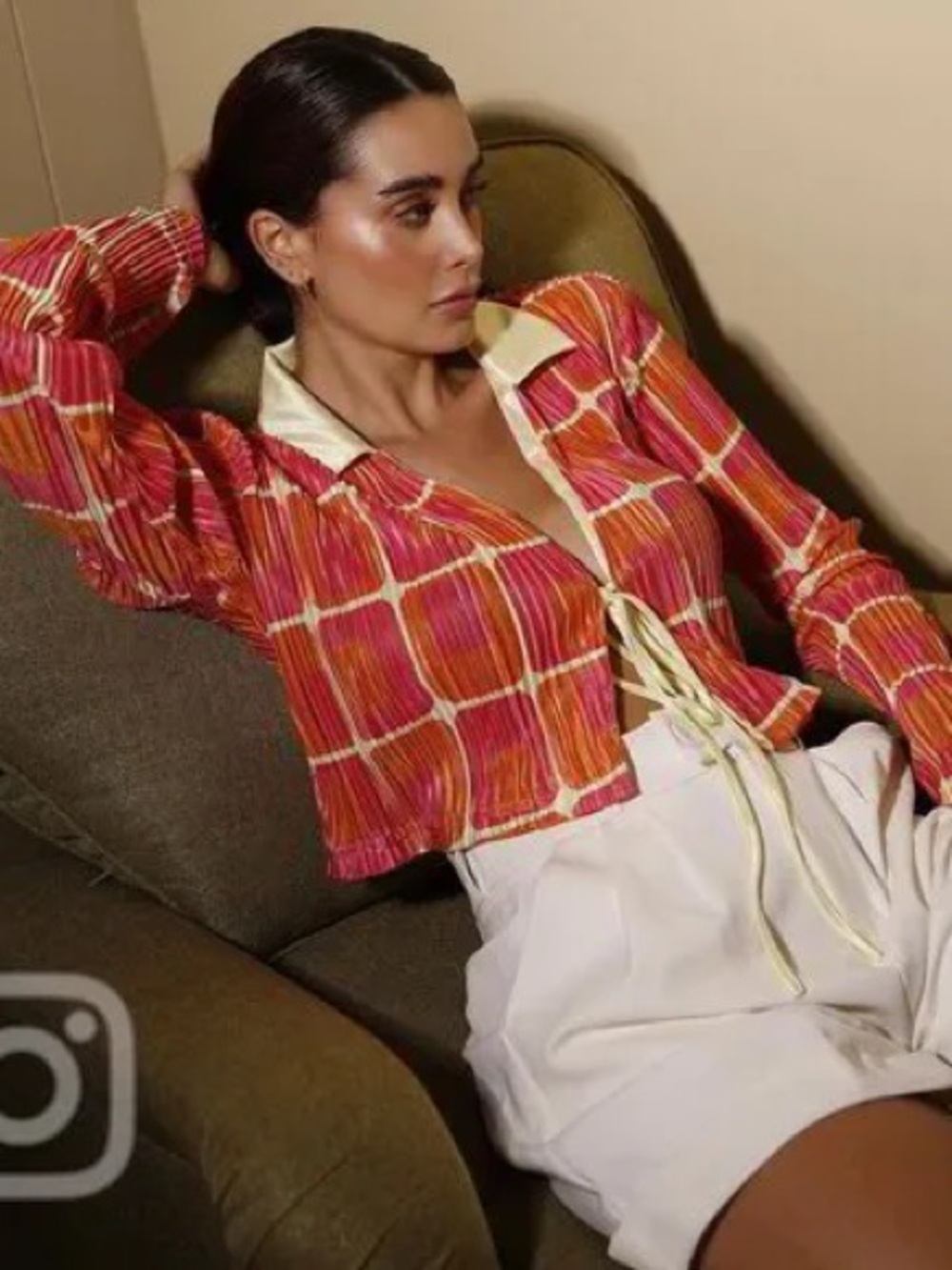 Bailey 44 Pink & Orange Plaid Tie-Front Blouse with Cream Collar